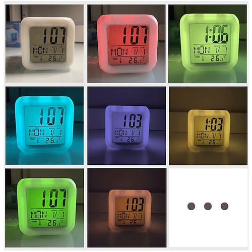

Low Noise Multifunction 7 Color Change LED Digital Alarm Clock With Date Alarm Thermometer Desktop Table Cube Alarm Clock Night Glowing For Use In Bedroom Office Student Dormitory