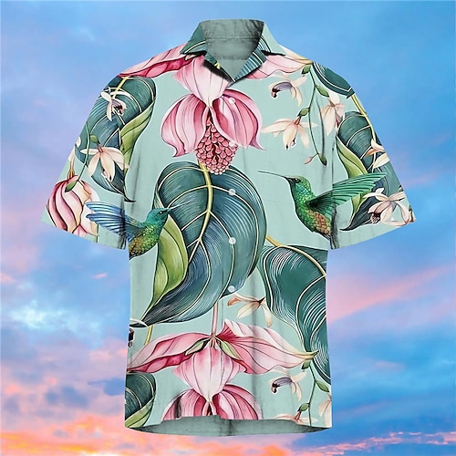 

Men's Shirt Print Floral Turndown Street Casual Button-Down Print Short Sleeve Tops Casual Fashion Designer Hawaiian Green