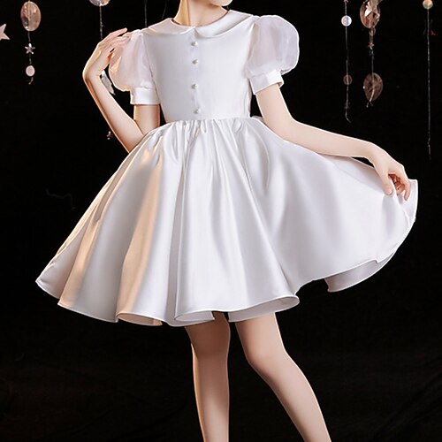 

Kids Girls' Dress Solid Colored A Line Dress Knee-length Dress Party Ruched Short Sleeve Cute Dress 3-12 Years Spring White