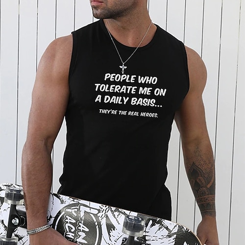 

Men's Tank Top Vest Hot Stamping Graphic Letter Crew Neck Street Casual Sleeveless Tops Basic Fashion Classic Comfortable Black