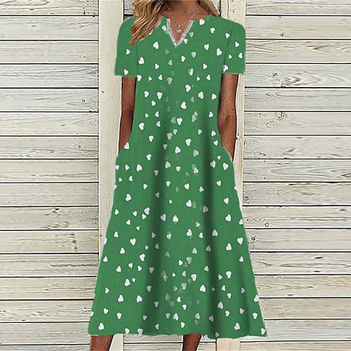 

Women's A Line Dress Midi Dress Green White Blue Purple Wine Navy Blue Short Sleeve Heart Pocket Print Spring Summer V Neck Casual Vacation 2022 S M L XL XXL 3XL