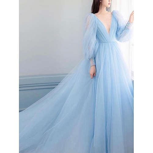 

A-Line Prom Dresses Luxurious Dress Engagement Watteau Train Long Sleeve V Neck Tulle V Back with Sleek Pure Color 2022