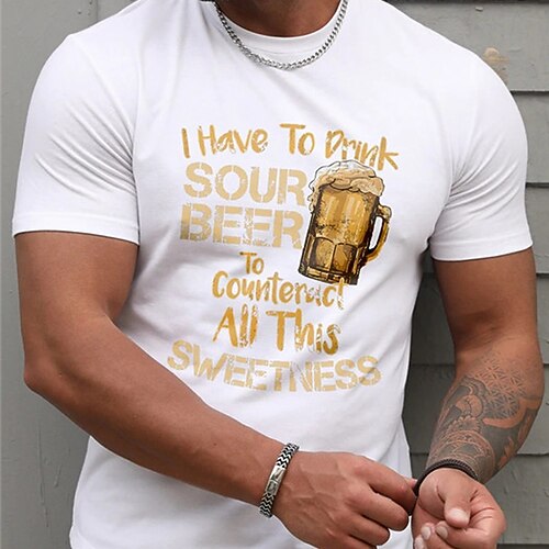 

Men's T shirt Hot Stamping Graphic Beer Letter Crew Neck Street Casual Short Sleeve Tops Basic Fashion Classic Comfortable White