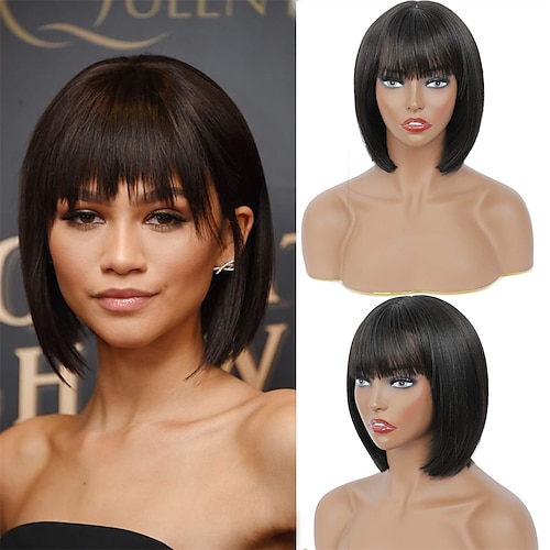 

Short Bob Wigs for Women Natural Looking Heat Resistant Synthetic Straight Wigs with Bangs for Girls Ladies Cosplay Party Daily Wear
