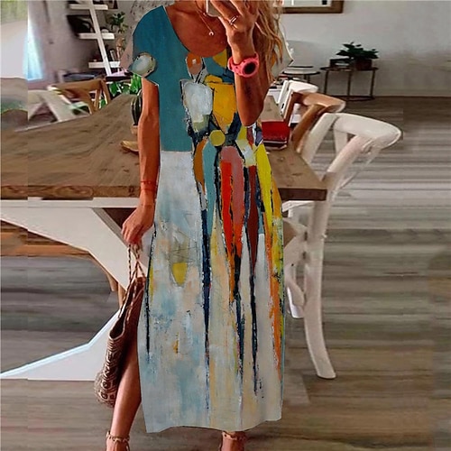 

Women's Shift Dress Maxi long Dress White Black Blue Gray Navy Blue Short Sleeve Floral Color Block Split Print Spring Summer V Neck Casual Vacation 2022 S M L XL XXL 3XL