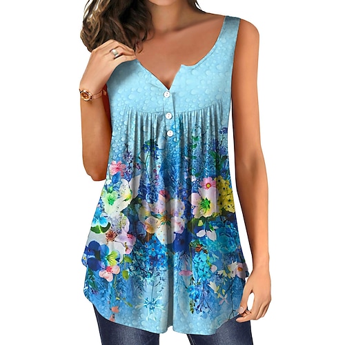 

Women's Holiday Weekend Floral Tank Top Camis Floral Sleeveless Flowing tunic Button Print V Neck Casual Streetwear Tops Blue S / 3D Print