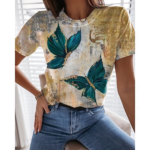 

Women's T shirt Tee Green Blue Purple Butterfly Print Short Sleeve Casual Weekend Basic Round Neck Regular Butterfly Painting S / 3D Print