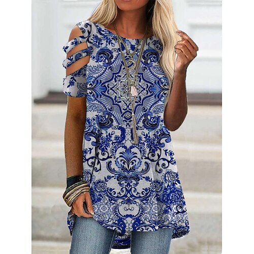 

Women's Daily Geometric T shirt Tee Graphic Short Sleeve Cold Shoulder Print Round Neck Basic Tops Blue S / 3D Print