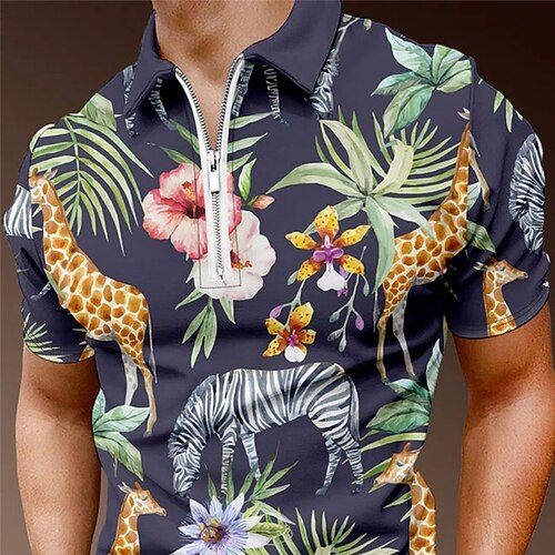 

Men's Collar Polo Shirt Golf Shirt Floral Turndown Black Street Casual Short Sleeve Zipper Clothing Apparel Fashion Casual Comfortable