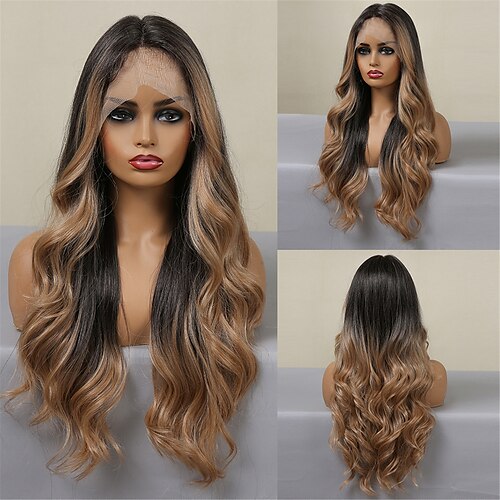 

HAIRCUBE Ombre Brown 26 inch Lace Front Wig Long Natural Wavy 1341 T Part Kanekalon Lace Wig With Baby Hair for Woman 180% Density