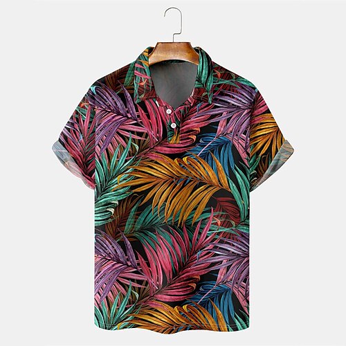 

Men's Collar Polo Shirt Golf Shirt Palm Leaf Turndown Fuchsia Street Casual Short Sleeve 3D Button-Down Clothing Apparel Fashion Casual Comfortable