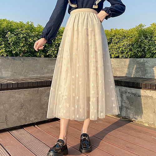 

Women's Skirt Swing Maxi Organza Beige Black Skirts Summer Pleated Layered Without Lining Fashion Casual Daily Weekend One-Size