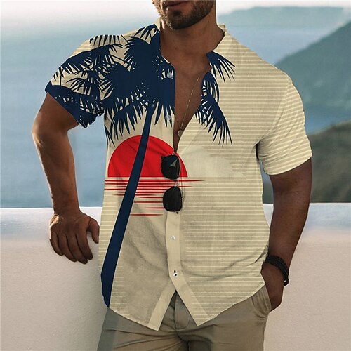 

Men's Shirt Print Coconut Tree Sun Turndown Street Casual Button-Down Print Short Sleeve Tops Casual Fashion Designer Hawaiian Beige