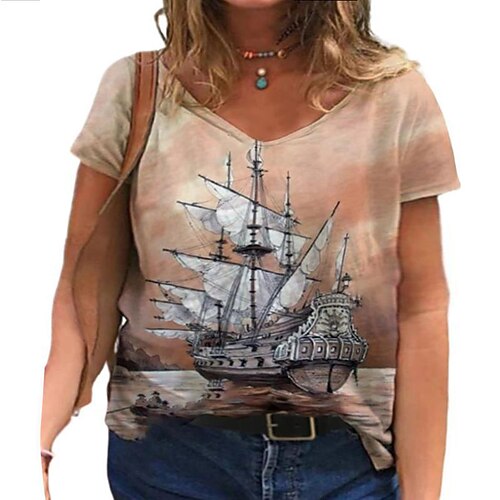 

Women's Plus Size Curve Tops T shirt Graphic Butterfly Print Short Sleeve V Neck Streetwear Daily Vacation Polyester Spring Summer Purple khaki