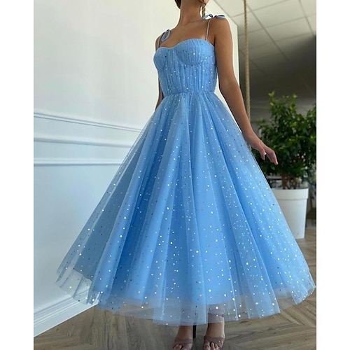 

A-Line Prom Dresses Glittering Dress Engagement Ankle Length Sleeveless Spaghetti Strap Tulle with Pleats Sequin 2022
