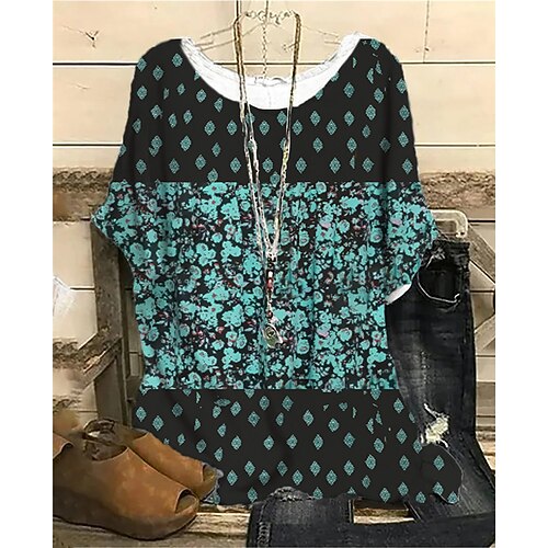 

Women's Plus Size Tops Blouse Shirt Floral Print Short Sleeve Crewneck Streetwear Daily Sports Cotton Spandex Jersey Spring Summer Green
