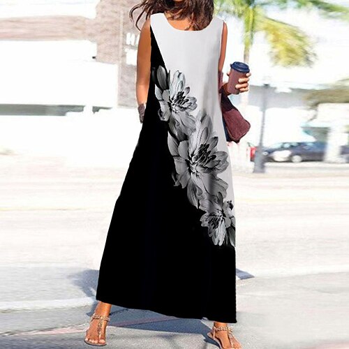 

Women's Shift Dress Maxi long Dress Black Gray Sleeveless Floral Color Gradient Print Spring Summer U Neck Casual Vacation 2022 S M L XL XXL 3XL