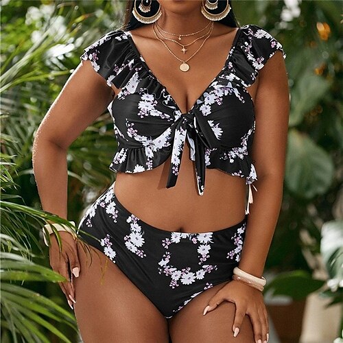 

Women's Swimwear Bikini 2 Piece Plus Size Swimsuit Ruffle Open Back Printing Floral Black Blue V Wire Bathing Suits New Vacation Fashion / Sexy / Modern / Padded Bras