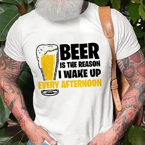 

Men's T shirt Hot Stamping Graphic Beer Letter Crew Neck Street Casual Print Short Sleeve Tops Basic Fashion Classic Comfortable White