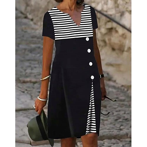 

Women's Casual Dress Midi Dress Black Short Sleeve Striped Button Spring Summer V Neck Weekend 2022 S M L XL XXL 3XL