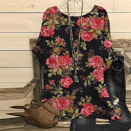

Women's Plus Size Tops T shirt Tee Floral Striped Print Short Sleeve Round Neck Streetwear Daily Vacation Polyester Spring Summer Black Purple / Graphic