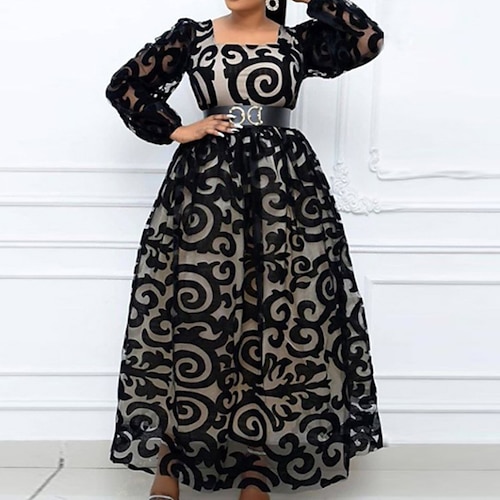 

Women's Plus Size Party Dress Floral Square Neck Mesh Long Sleeve Winter Fall Elegant Prom Dress Maxi long Dress Formal Party Dress