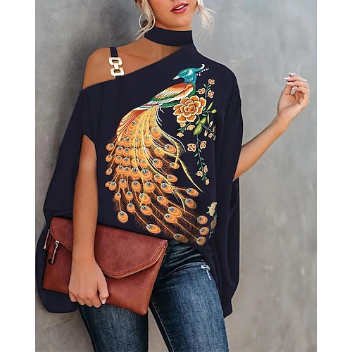 

Women's Blouse Shirt Navy Blue Animal Patchwork Print Short Sleeve Daily Casual Halter Neck Regular Batwing Sleeve S