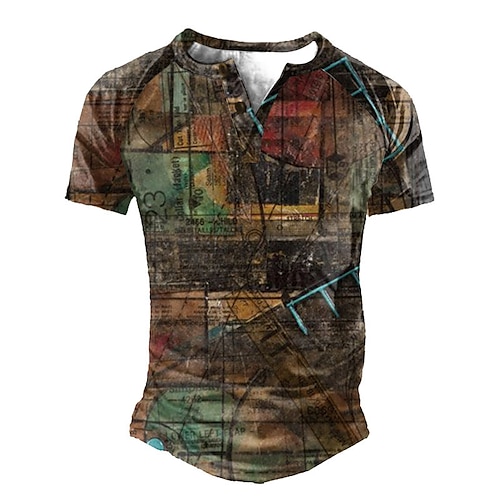 

Herren T Shirt Henley Shirt Tee Graphic Henley Braun 3D-Druck Übergröße Outdoor Täglich Kurzarm Patchwork Button-Down Bekleidung Basic Designer Casual Klassisch / Sommer / Sommer / Sport