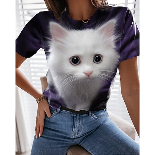 

Mulheres Camiseta Branco Gato 3D Imprimir Manga Curta Casual Final de semana Básico Decote Redondo Padrão Gato 3D Pintura S