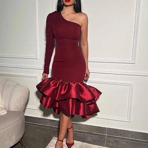 

Women's Sheath Dress Party Dress Midi Dress Purple Wine Long Sleeve Pure Color Ruffle Cold Shoulder Fall Winter One Shoulder Party Stylish Party 2022 S M L XL XXL 3XL 4XL