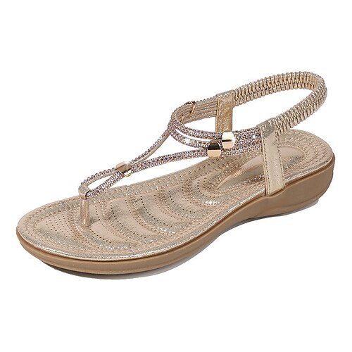 

Women's Sandals Boho Bohemia Beach Sparkly Sandals Rhinestone Flat Heel Round Toe Open Toe Elegant Casual Party Beach PU Leather Elastic Band Spring Summer Solid Colored Black Rosy Pink Silver