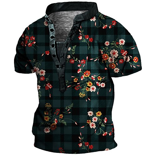 

Men's Henley Shirt Tee T shirt Tee 3D Print Floral Plaid Graphic Plus Size Stand Collar Daily Sports Button-Down Print Short Sleeve Tops Basic Casual Designer Big and Tall Blue