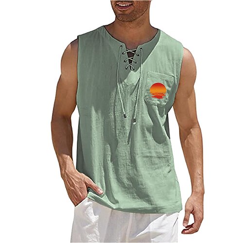 

Men's Shirt Hot Stamping Graphic V Neck Sunset Street Casual Lace up Print Long Sleeve Tops Casual Fashion Designer Big and Tall Green Black Yellow