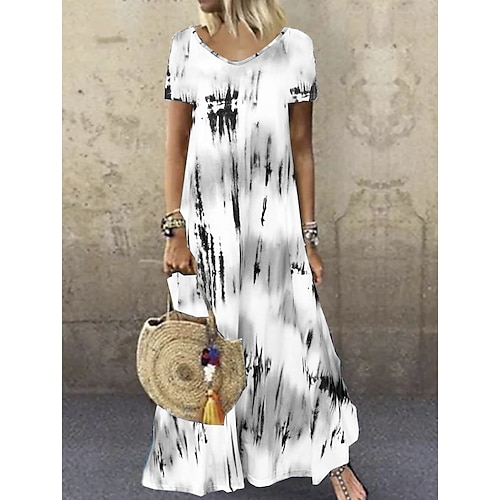 

Women's Long Dress Maxi Dress Blue Orange Gray Short Sleeve Print Spring Summer Crew Neck 2022 S M L XL XXL 3XL