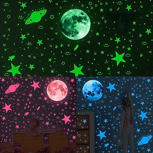 

3d Luna Stelle Punti Astronave Rosso Luminoso Wall Sticker Camera Dei Bambini Soffitto Scale Carta Da Parati Fai Da Te Fluorescente Murale Decalcomanie