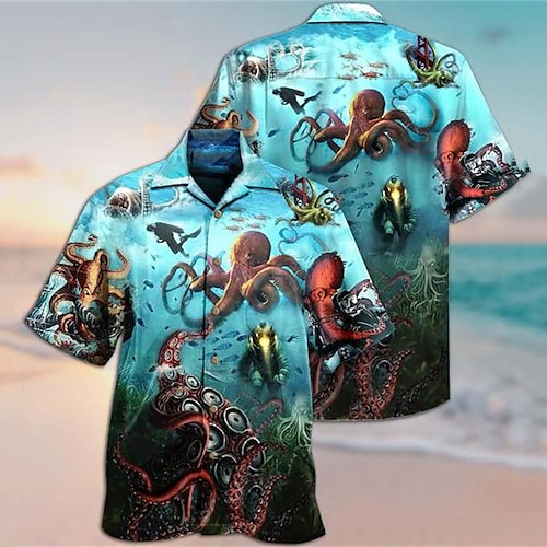 

Men's Shirt Graphic Shirt Octopus Turndown Blue-Green Street Casual Short Sleeve 3D Button-Down Clothing Apparel Fashion Designer Casual Comfortable