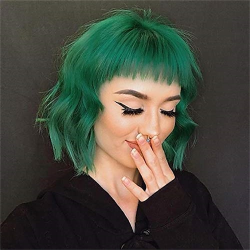 

Short Green Synthetic Curly Wigs for Women Wavy Bob Wigs with Bangs Natural Looking Heat Resistant