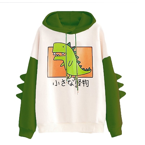 

Women's Hoodie Sweatshirt Pullover Active Streetwear Patchwork Green Black Orange Cartoon Color Block Dinosaur Daily Hooded Long Sleeve S M L XL XXL