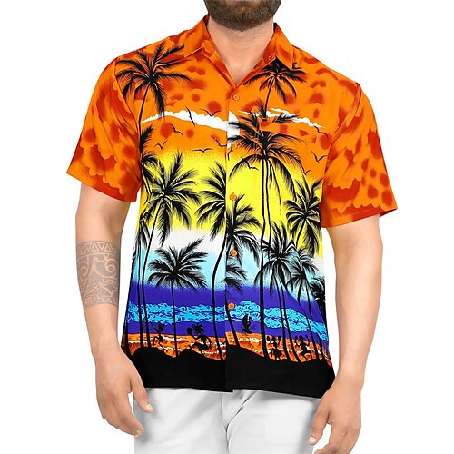 

Men's Shirt Coconut Tree Turndown Street Casual 3D Button-Down Short Sleeve Tops Casual Fashion Comfortable Beach Orange