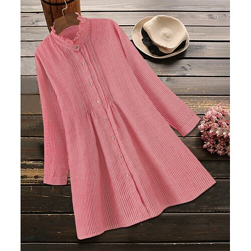 

Women's Plus Size Tops Shirt Plain Ruched Lettuce Trim Long Sleeve Shirt Collar Basic Daily Weekend Cotton Fall Spring Black Blue