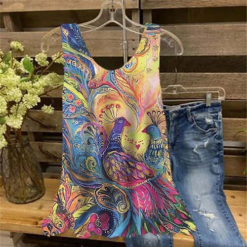 

Women's Plus Size Tops Tank Top Floral Animal Print Sleeveless Crewneck Streetwear Daily Holiday Cotton Spandex Jersey Spring Summer Rainbow