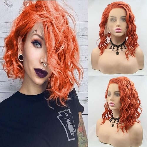 

Synthetic Lace Wig Curly Style 12-18 inch Orange Middle Part 132.5 lace front Wig All Wig Orange / White / Blue