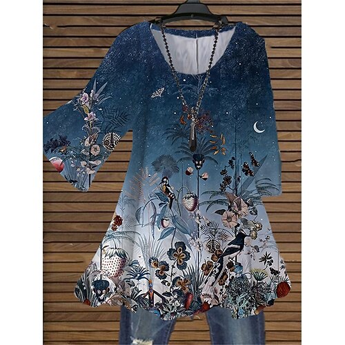 

Women's Plus Size Tops Blouse Shirt Floral Leaf Print 3/4 Length Sleeve Crewneck Streetwear Daily Holiday Cotton Spandex Jersey Fall Spring Blue Beige