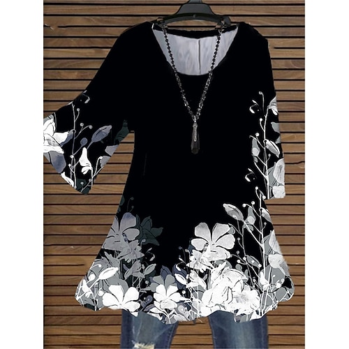 

Women's Plus Size Tops Blouse Shirt Floral Print 3/4 Length Sleeve Crewneck Streetwear Daily Holiday Cotton Spandex Jersey Spring Summer Black