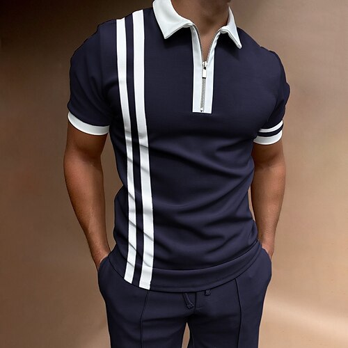 

Men's Collar Polo Shirt Golf Shirt Quarter Zip Polo Striped Turndown Navy Blue Going out golf shirts Short Sleeve Patchwork Zipper Clothing Apparel Sports Streetwear / Slim