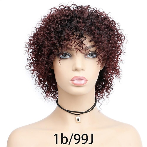 

Human Hair Brazilian Short Machine Made Wig Ombre T1B99j Short Afro Curly Human Hair Wigs Afro Curl Wig With Bangs 1b 99j Curly Wig