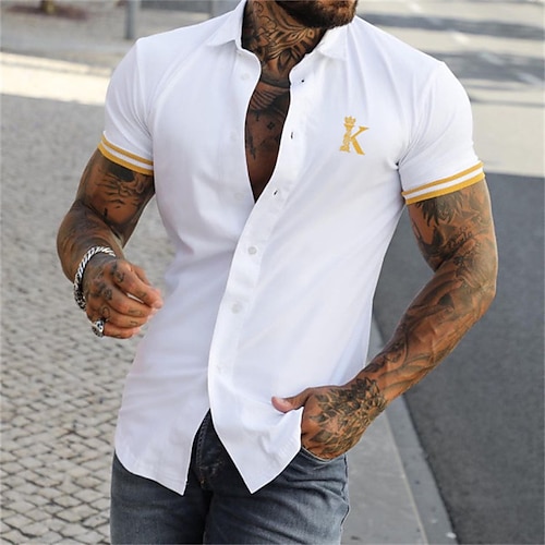 

Men's Shirt Letter Turndown White Black Street Casual Short Sleeve Button-Down Clothing Apparel Fashion Casual Comfortable