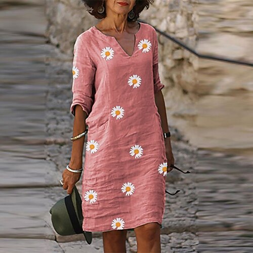 

Women's Casual Dress Shift Dress Midi Dress Green Blue Pink 3/4 Length Sleeve Floral Print Fall Spring Autumn V Neck Weekend Loose Fit 2022 S M L XL XXL 3XL