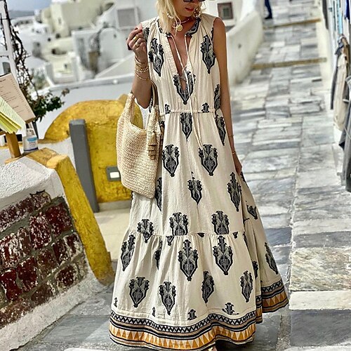 

Women's Casual Dress Shift Dress Swing Dress Long Dress Maxi Dress Pink Yellow Beige Sleeveless Print Spring Summer V Neck 2022 S M L XL