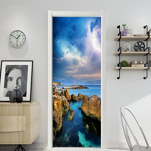 

77/90x200cm Landscape Decoration Simulation Door Stickers Bedroom Living Room Door Renovation Pvc Wall Stickers